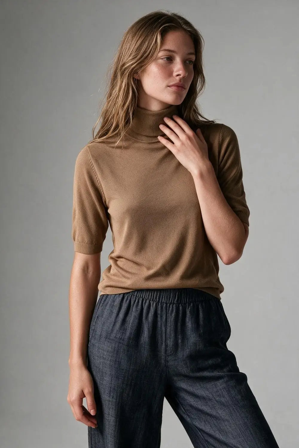 Camel Ribbed Knit Short Sleeve Turtleneck Sweater - CAMEL / ONE - Sweaters