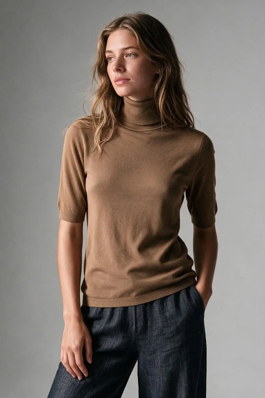 Camel Ribbed Knit Short Sleeve Turtleneck Sweater - CAMEL / ONE - Sweaters