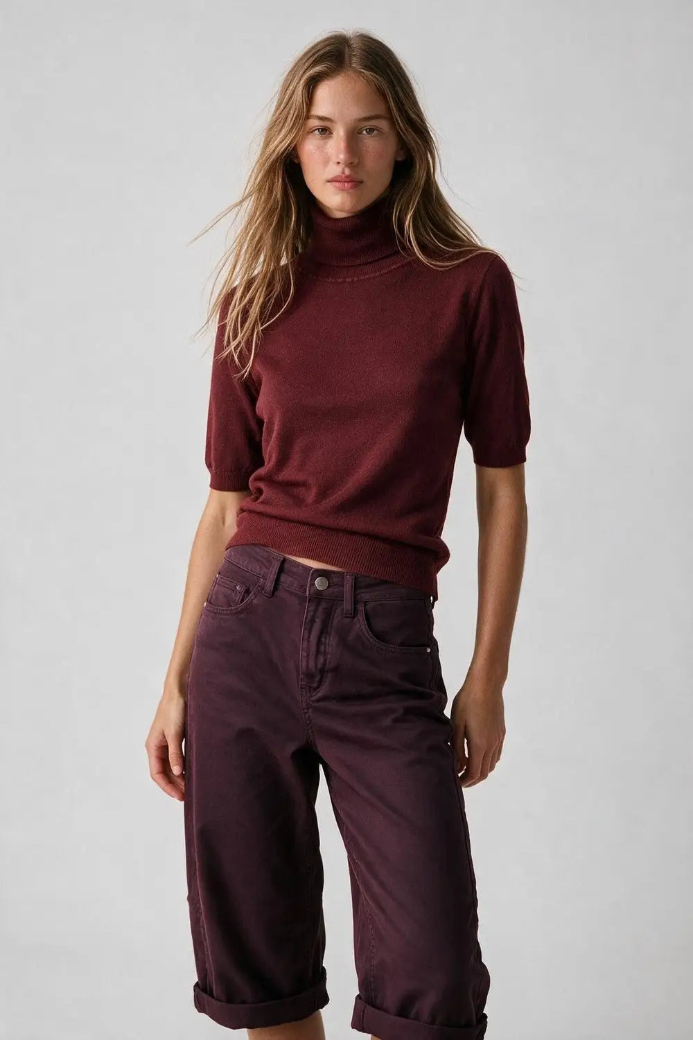 Burgundy Fine Knit Turtleneck Short Sleeve Sweater - RED / ONE - Sweaters