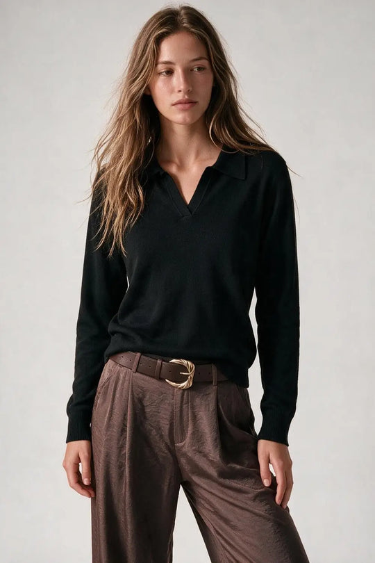 Black Knitted polo collar with V-neckline no button placket - BLACK / ONE - Polos