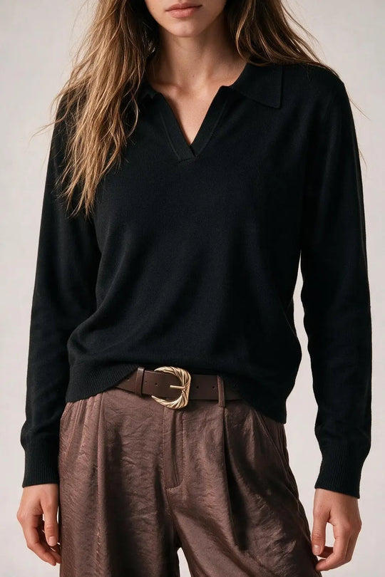 Black Knitted polo collar with V-neckline no button placket - BLACK / ONE - Polos