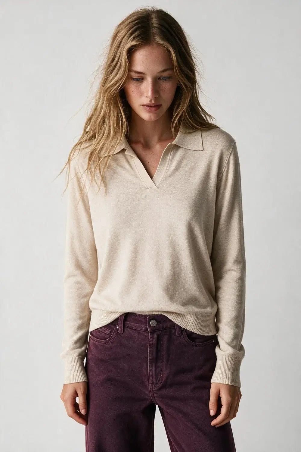 Knitted polo collar with V-neckline no button placket in cream - CREAM / ONE - Polos