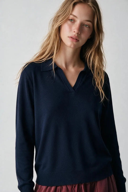 Navy Knitted polo collar with V-neckline no button placket - NAVY / ONE - Polos