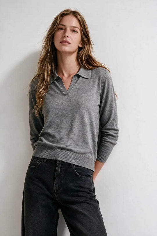 Knitted polo collar with V-neckline no button placket in grey - GRAY / ONE - Polos