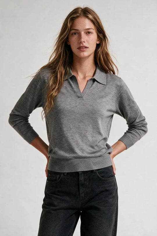Knitted polo collar with V-neckline no button placket in grey - GRAY / ONE - Polos