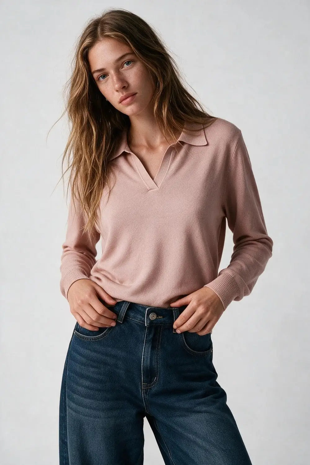 Knitted polo collar with V-neckline no button placket in old pink - PINK / ONE - Polos