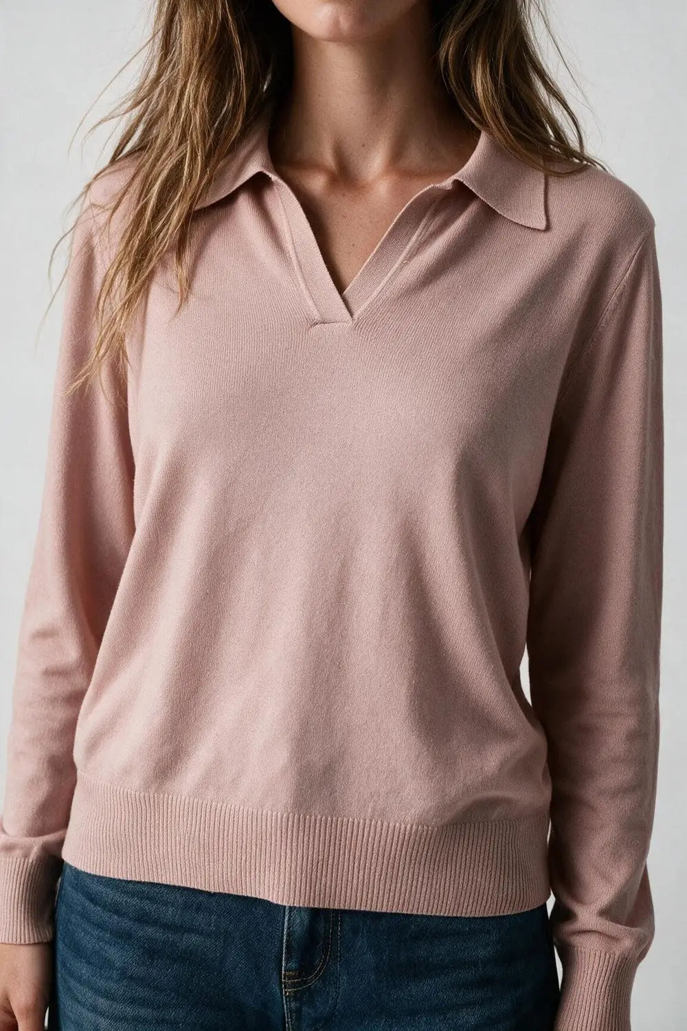 Knitted polo collar with V-neckline no button placket in old pink - PINK / ONE - Polos
