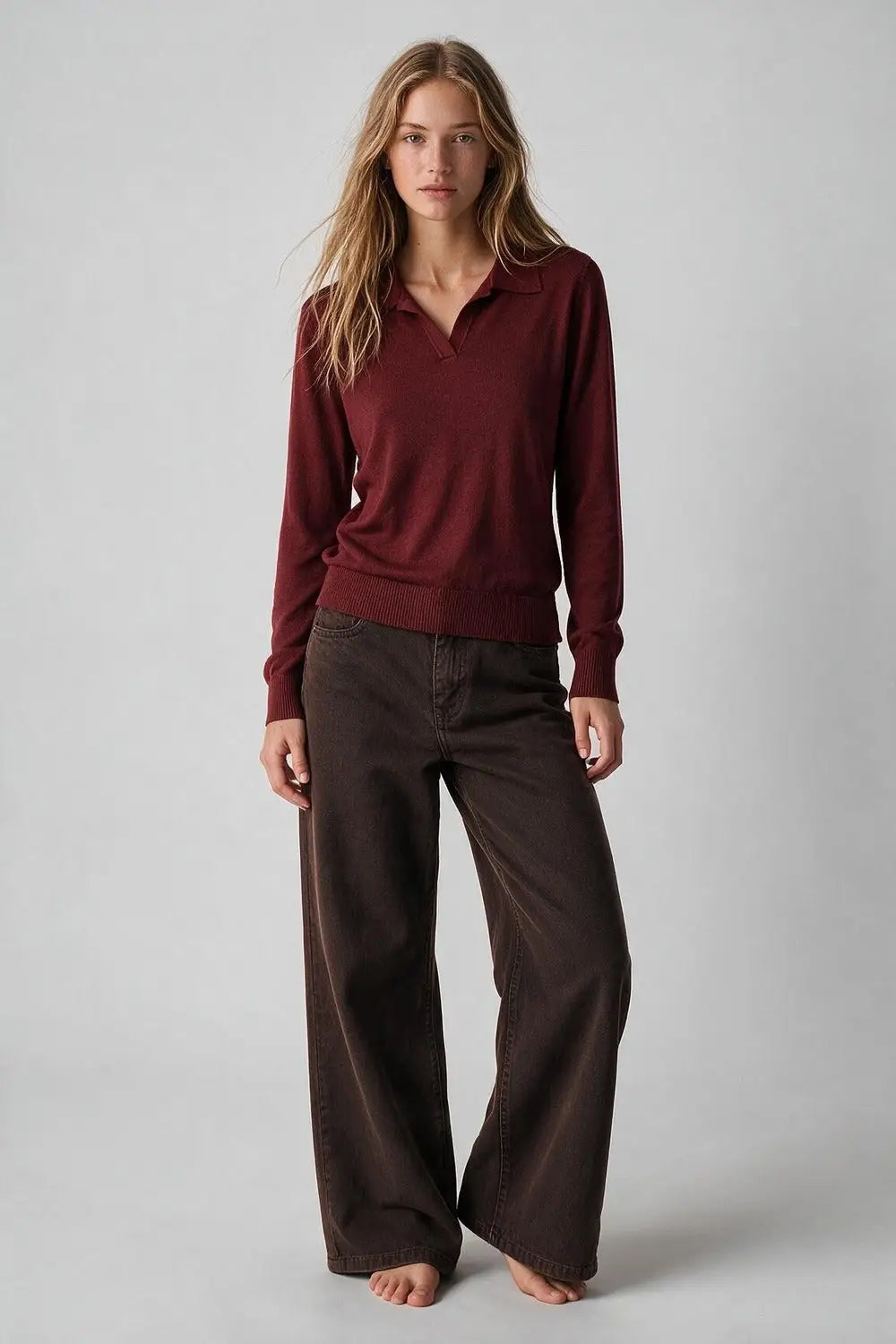 Burgundy Fine Knit Polo Collar Long Sleeve Regular Fit Sweater - MAROON / ONE - Polos