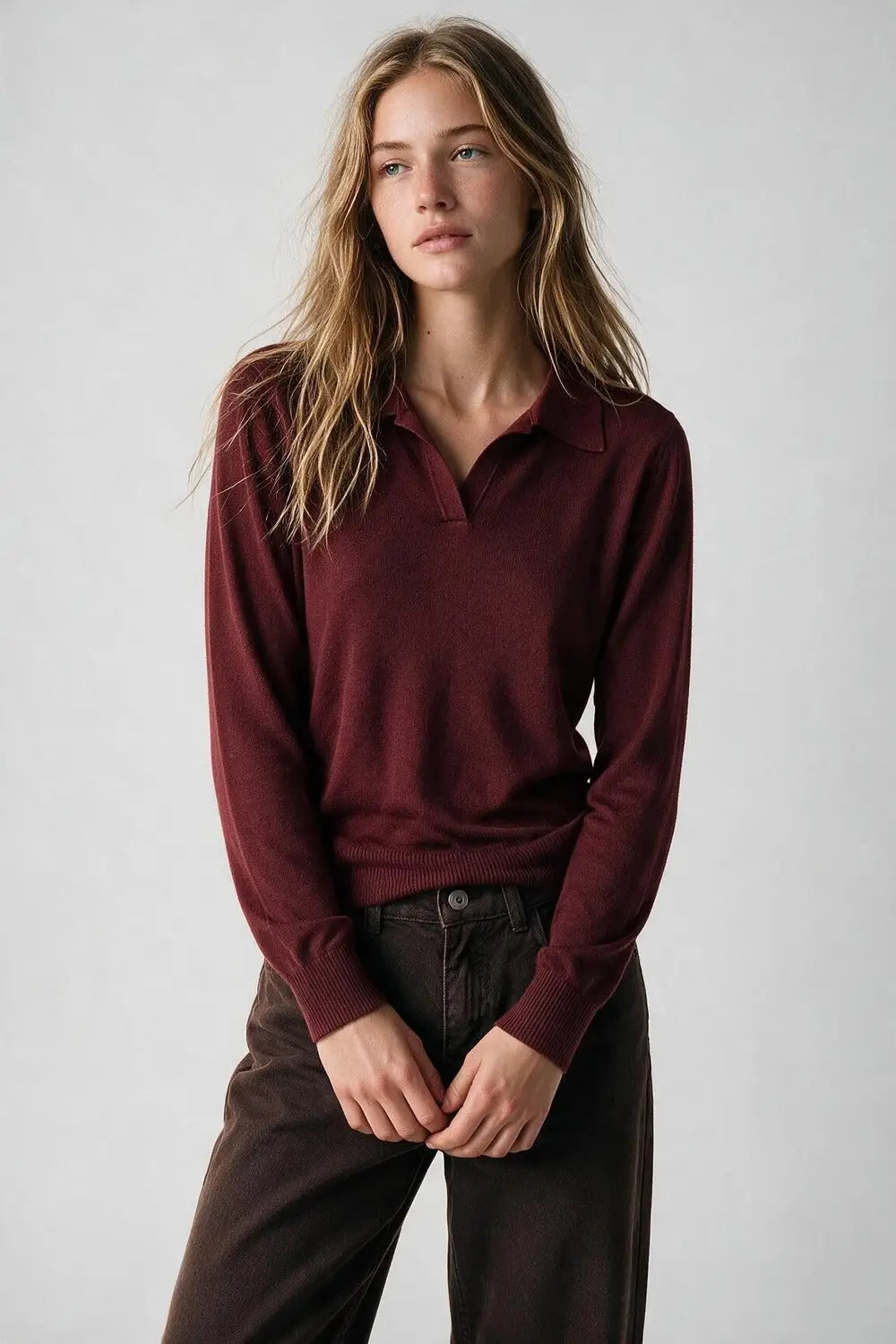 Burgundy Fine Knit Polo Collar Long Sleeve Regular Fit Sweater - MAROON / ONE - Polos