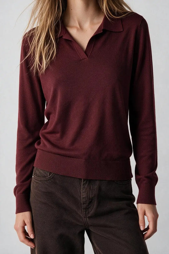 Burgundy Fine Knit Polo Collar Long Sleeve Regular Fit Sweater - MAROON / ONE - Polos