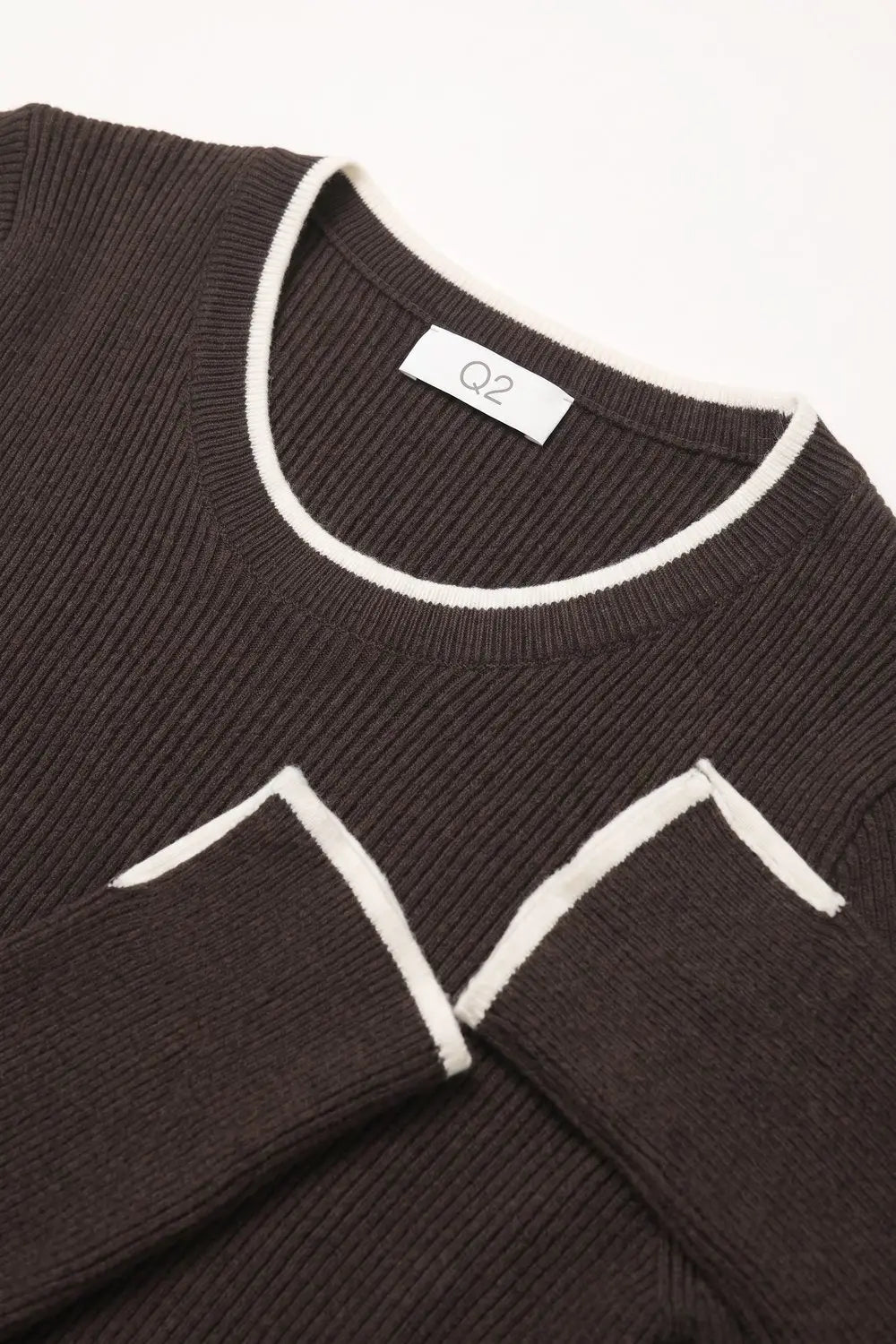 Brown Ribbed Knit white Contrast Trim sweater in wide neck - BROWN / ONE - Sweaters