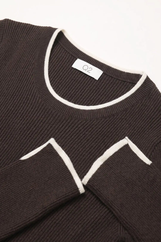 Brown Ribbed Knit white Contrast Trim sweater in wide neck - BROWN / ONE - Sweaters