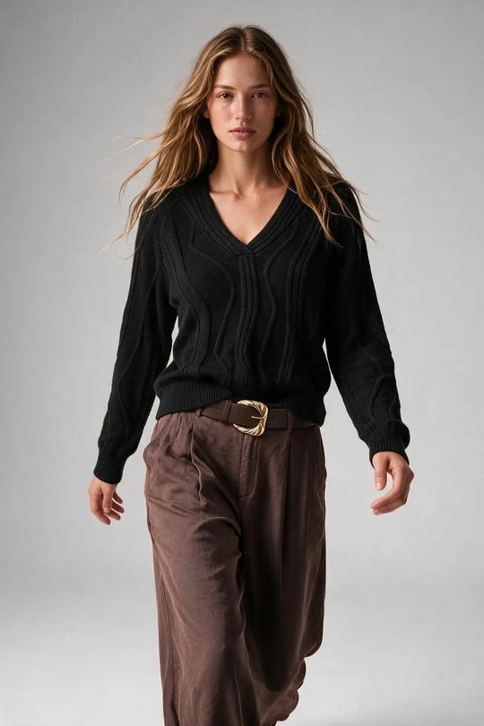 Textured Wave-Knit V-Neck Sweater in black - BLACK / ONE - Sweaters