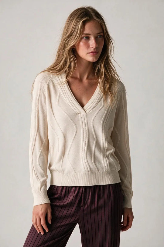 Textured Wave-Knit V-Neck Sweater in white - WHITE / ONE - Sweaters