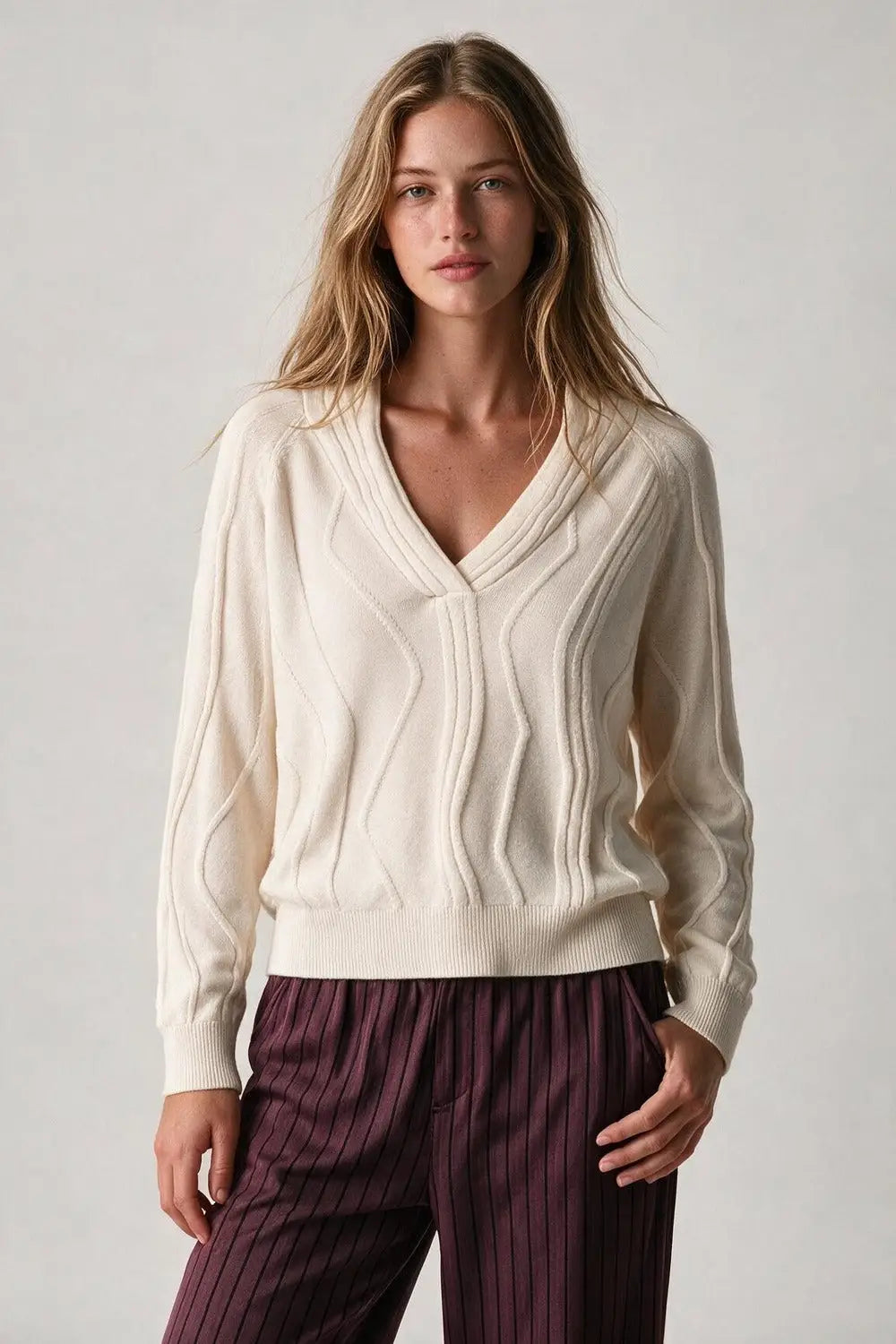 Textured Wave-Knit V-Neck Sweater in white - WHITE / ONE - Sweaters