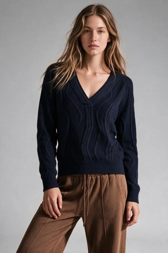 Textured Wave-Knit V-Neck Sweater in navy - NAVY / ONE - Sweaters