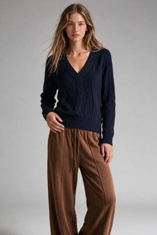 Textured Wave-Knit V-Neck Sweater in navy - NAVY / ONE - Sweaters
