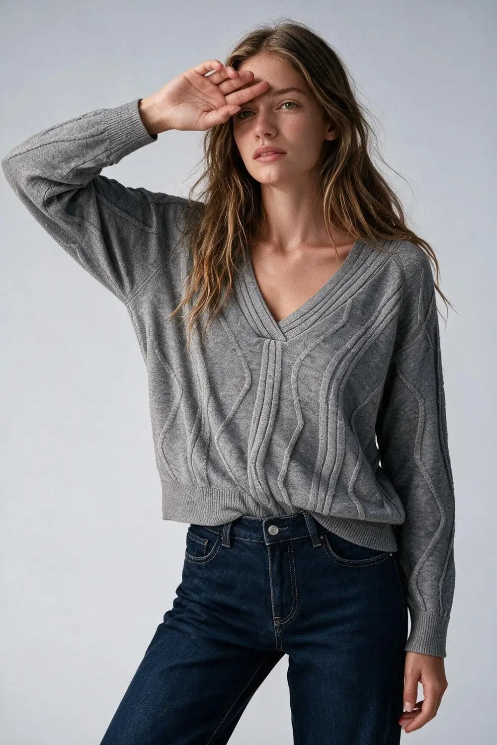Textured Wave-Knit V-Neck Sweater in grey - GRAY / ONE - Sweaters