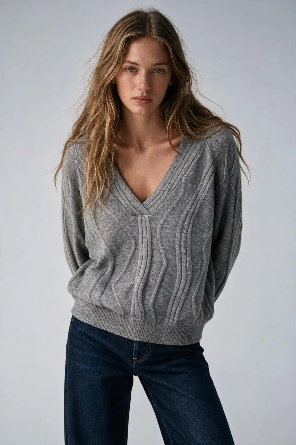 Textured Wave-Knit V-Neck Sweater in grey - GRAY / ONE - Sweaters