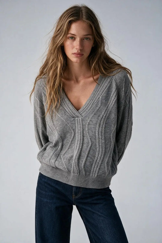 Textured Wave-Knit V-Neck Sweater in grey - GRAY / ONE - Sweaters