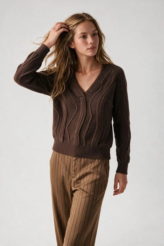 Textured Wave-Knit V-Neck Sweater in brown - BROWN / ONE - Sweaters