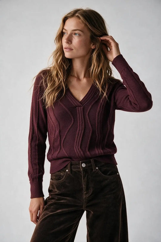 Textured Wave-Knit V-Neck Sweater in Burgundy - MAROON / ONE - Sweaters