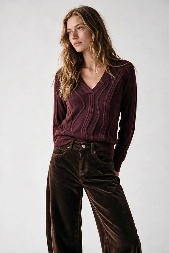 Textured Wave-Knit V-Neck Sweater in Burgundy - MAROON / ONE - Sweaters