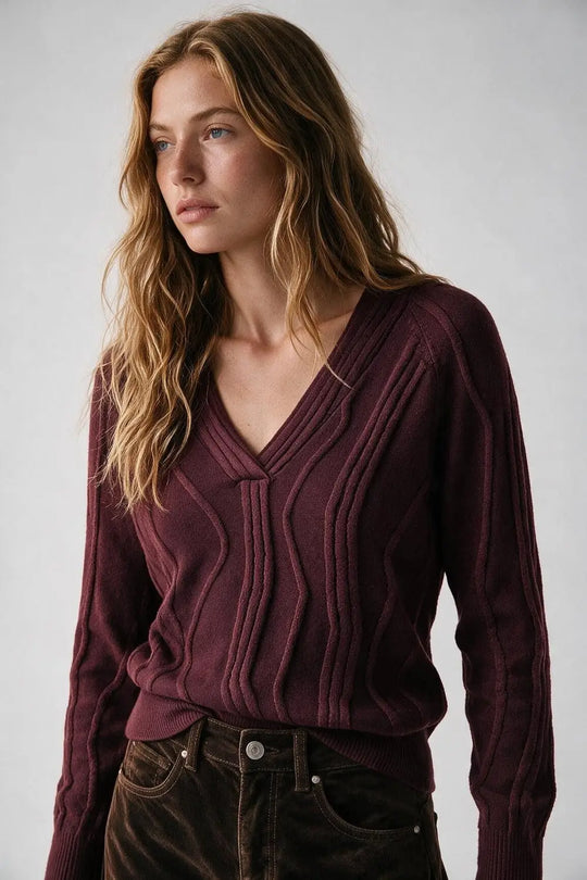 Textured Wave-Knit V-Neck Sweater in Burgundy - MAROON / ONE - Sweaters