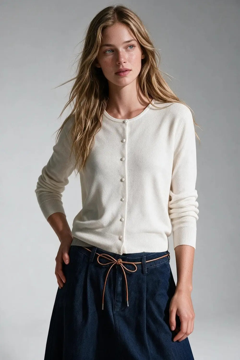 White soft Knit Crew Neck Cardigan with pearl buttons Front - CREAM / ONE - Cardigans