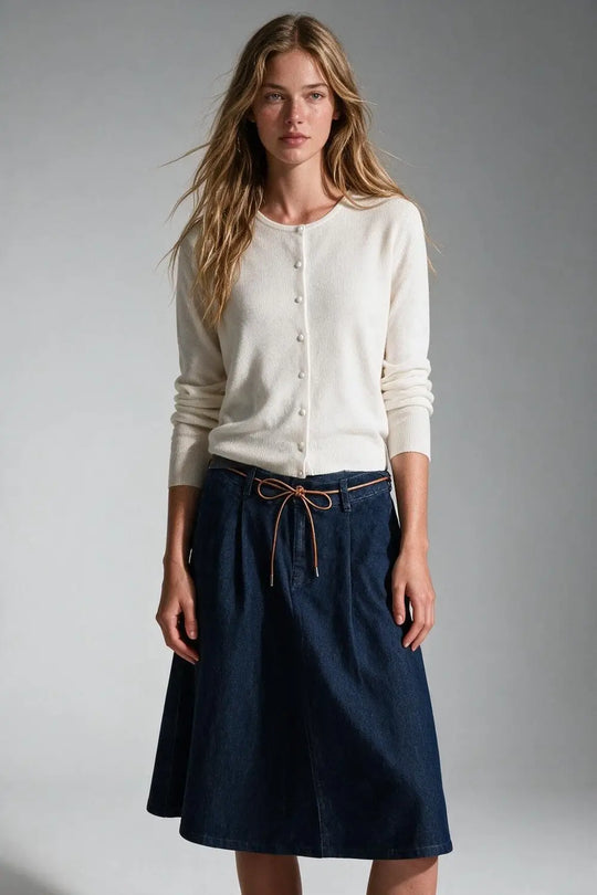White soft Knit Crew Neck Cardigan with pearl buttons Front - CREAM / ONE - Cardigans