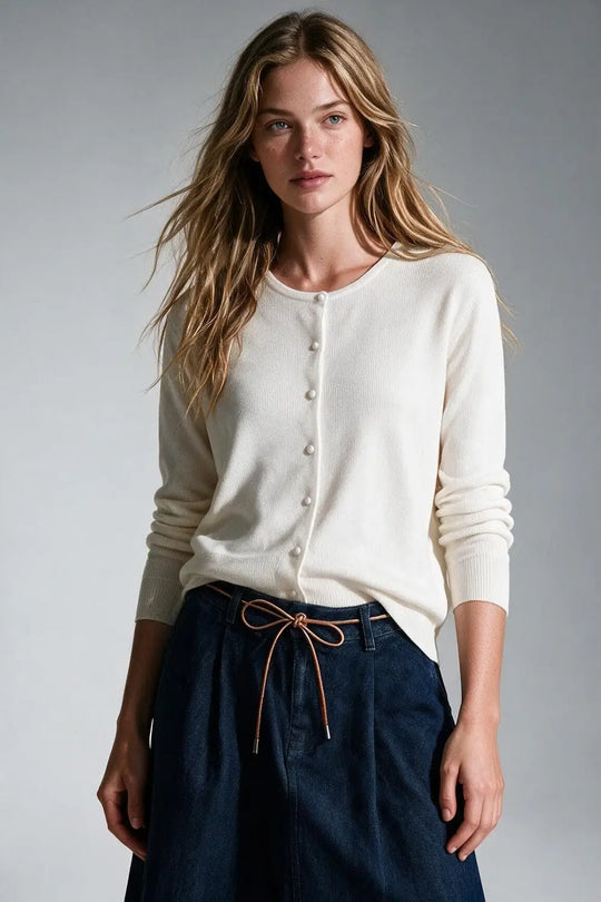 White soft Knit Crew Neck Cardigan with pearl buttons Front - CREAM / ONE - Cardigans