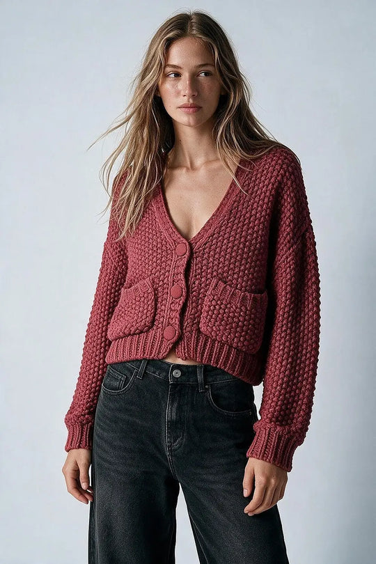 burgundy Chunky Knit Textured Button Front Cardigan - MAROON / ONE - Cardigans