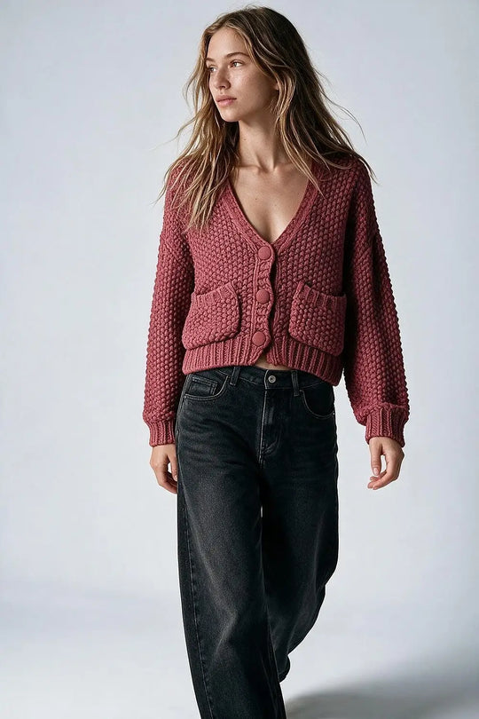 burgundy Chunky Knit Textured Button Front Cardigan - MAROON / ONE - Cardigans