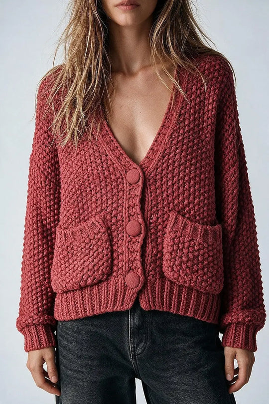 burgundy Chunky Knit Textured Button Front Cardigan - MAROON / ONE - Cardigans