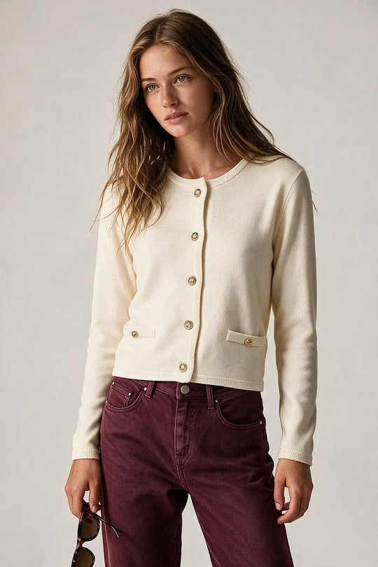 Cream Fine Knit Gold Button Crew Neck Cardigan Sweater - CREAM / ONE - Cardigans