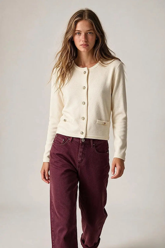 Cream Fine Knit Gold Button Crew Neck Cardigan Sweater - CREAM / ONE - Cardigans