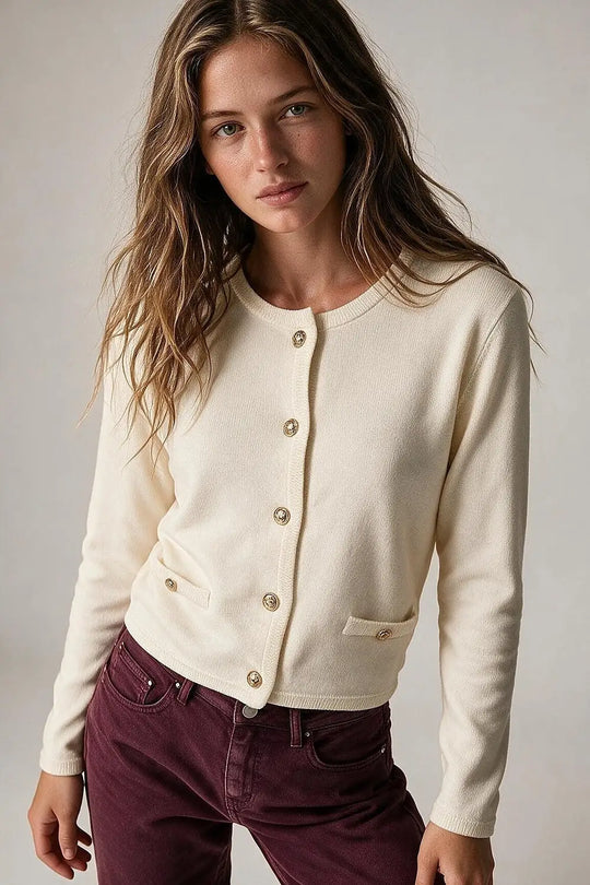 Cream Fine Knit Gold Button Crew Neck Cardigan Sweater - CREAM / ONE - Cardigans
