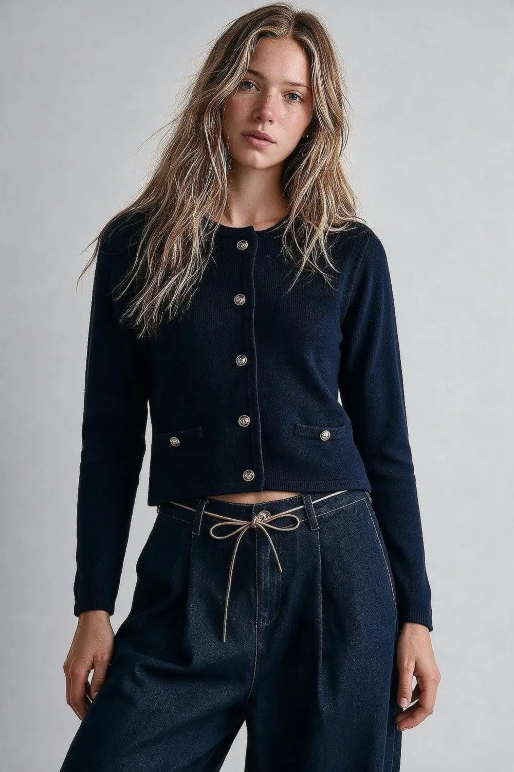 Navy Fine Knit Gold Button Cropped Cardigan Sweater - NAVY / ONE - Cardigans