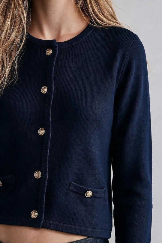 Navy Fine Knit Gold Button Cropped Cardigan Sweater - NAVY / ONE - Cardigans