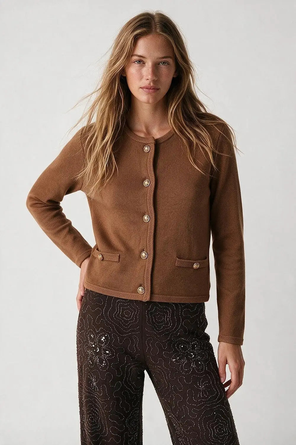 Brown Fine Knit Gold Button Cropped Cardigan Sweater - CAMEL / ONE - Cardigans