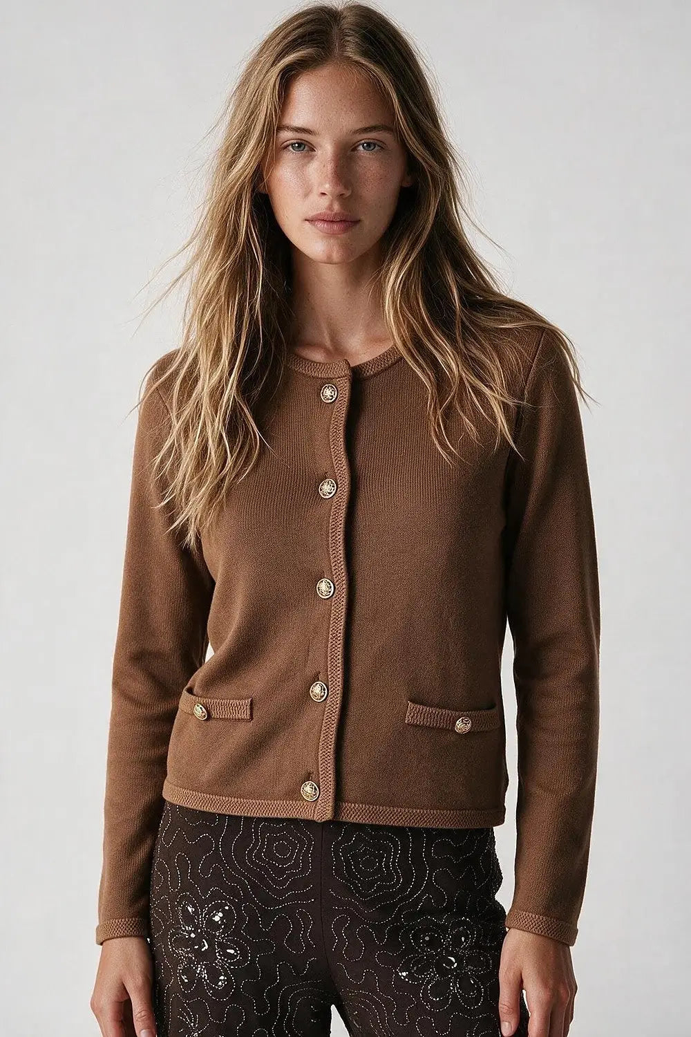Brown Fine Knit Gold Button Cropped Cardigan Sweater - CAMEL / ONE - Cardigans
