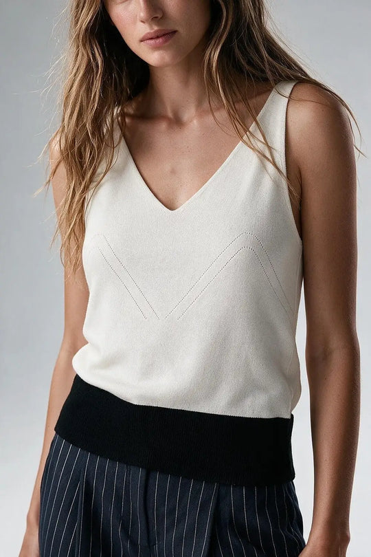 White Ribbed Knit Contrast Hem V-Neck Cropped Tank Top - WHITE / ONE - Tops