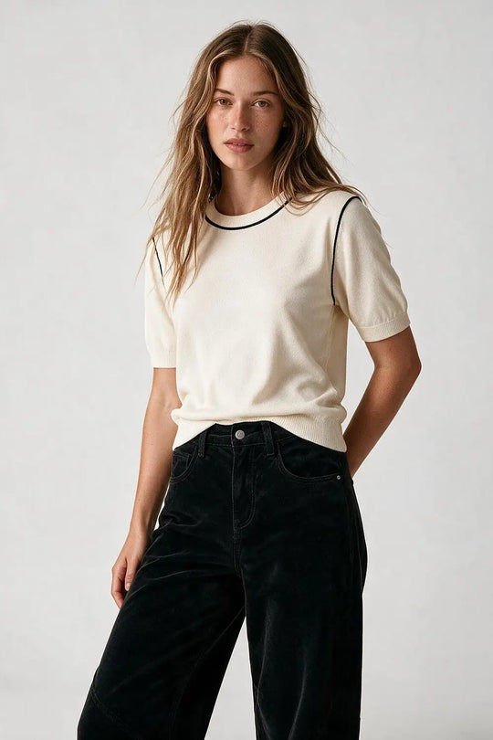 Cream Fine Knit Contrast Seam Regular Fit Short Sleeve sweater - CREAM / ONE - Sweaters