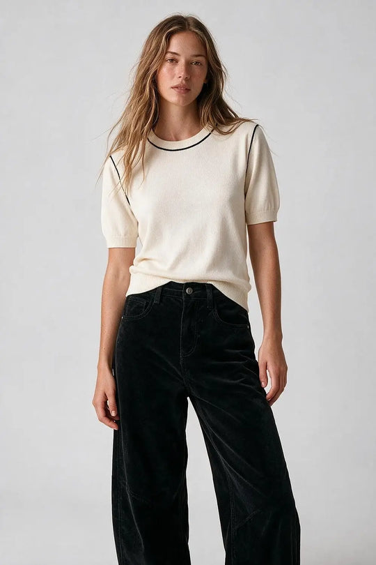 Cream Fine Knit Contrast Seam Regular Fit Short Sleeve sweater - CREAM / ONE - Sweaters
