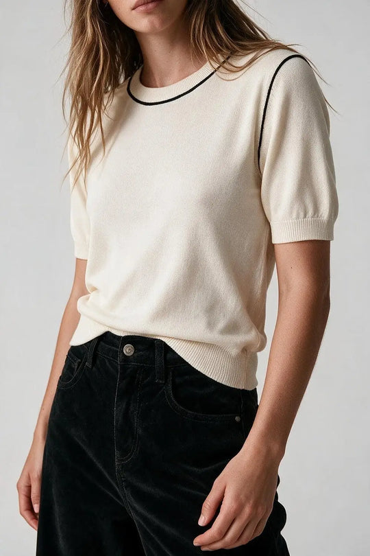 Cream Fine Knit Contrast Seam Regular Fit Short Sleeve sweater - CREAM / ONE - Sweaters