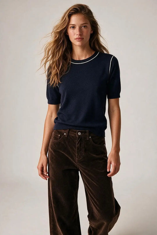 Navy Fine Knit Contrast Piping Short Sleeve Crew Neck sweater - NAVY / ONE - Sweaters