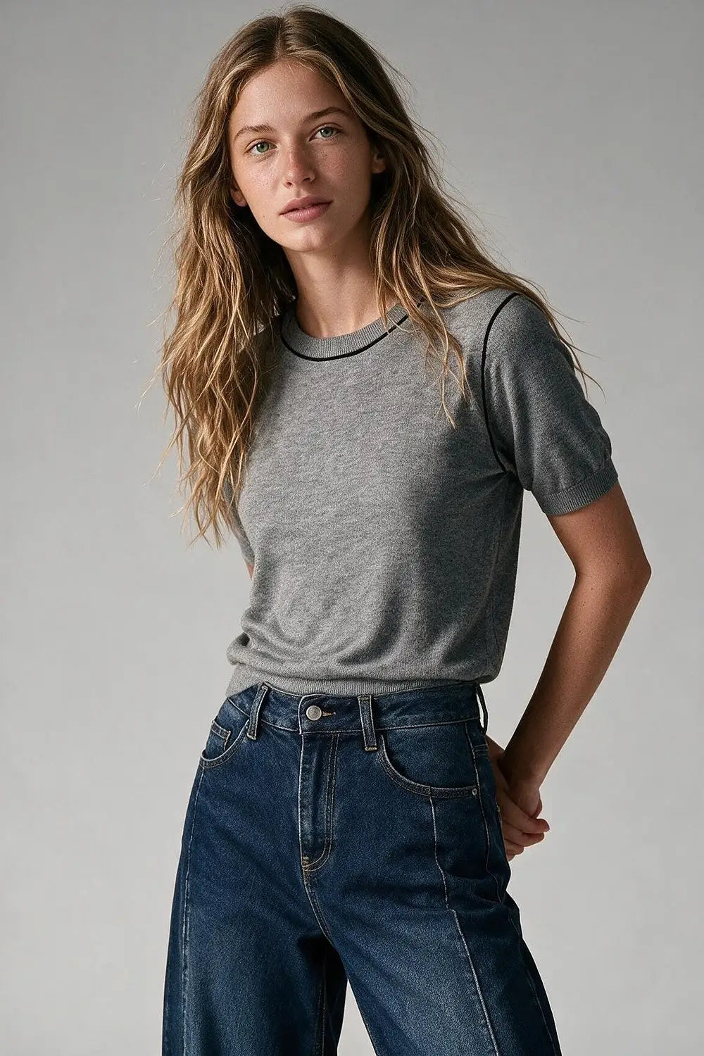 Grey Fine Knit Contrast Seam Crew Neck Short Sleeve sweater - GRAY / ONE - Sweaters