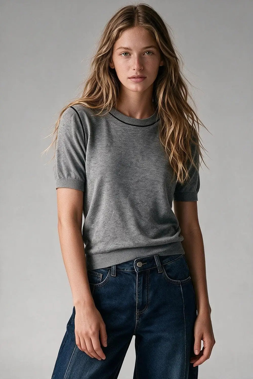 Grey Fine Knit Contrast Seam Crew Neck Short Sleeve sweater - GRAY / ONE - Sweaters
