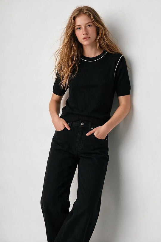 Black Fine Knit Contrast Seam Short Sleeve Sweater - BLACK / ONE - Sweaters