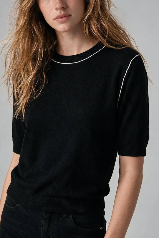 Black Fine Knit Contrast Seam Short Sleeve Sweater - BLACK / ONE - Sweaters